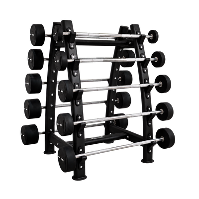 BUILT Strength fixed barbell set and rack — transparent background