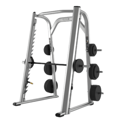 Precor Discovery Series Smith Machine (Remanufactured) — Silver Frame [PRE-DIS-SM-B-2] — transparent background