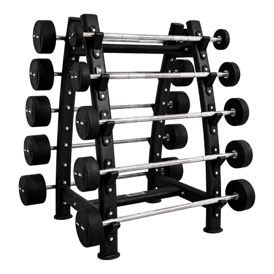 BUILT Strength fixed barbell set and rack — transparent background
