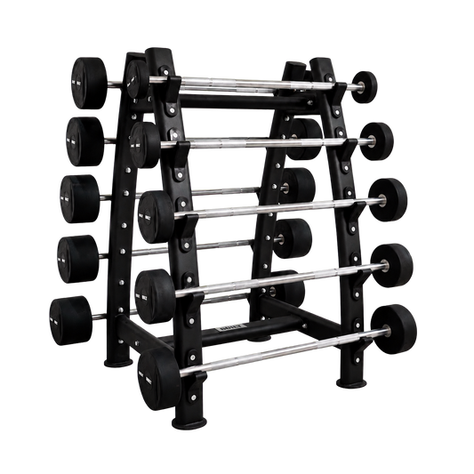 BUILT Strength fixed barbell set and rack — transparent background