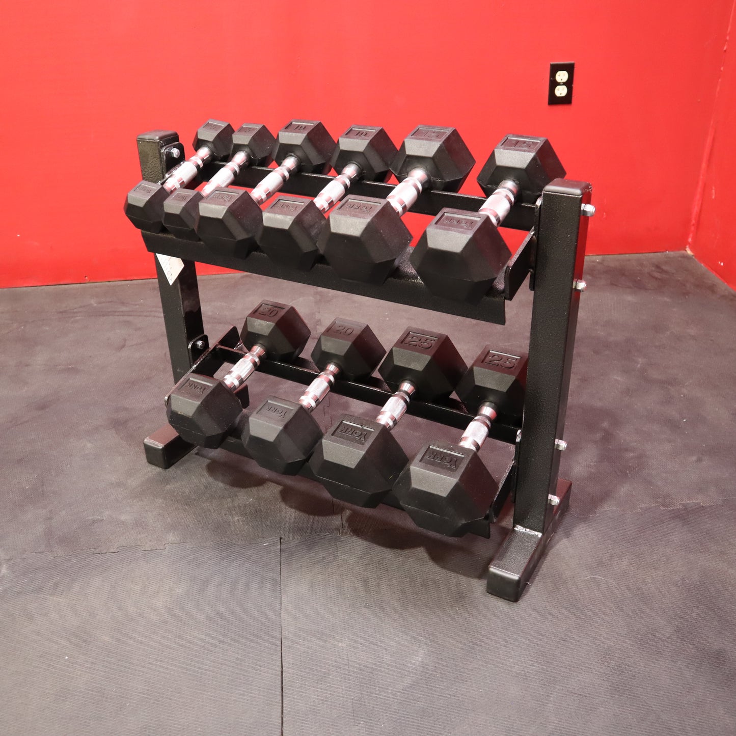 York 5-25lb Rubber Hex Dumbbell Set w/ Dumbbell Stand (Nuevo)