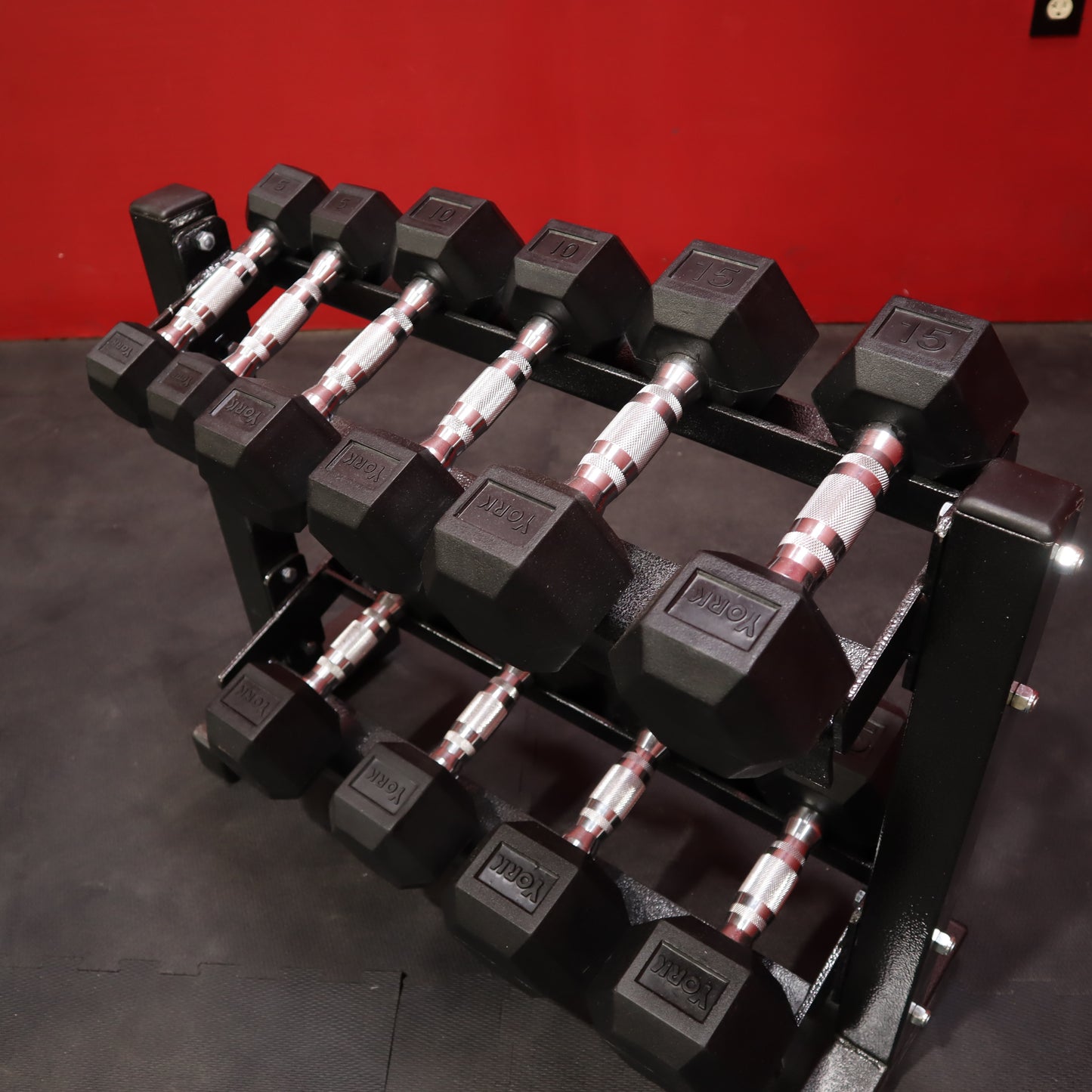York 5-25lb Rubber Hex Dumbbell Set w/ Dumbbell Stand (Nuevo)