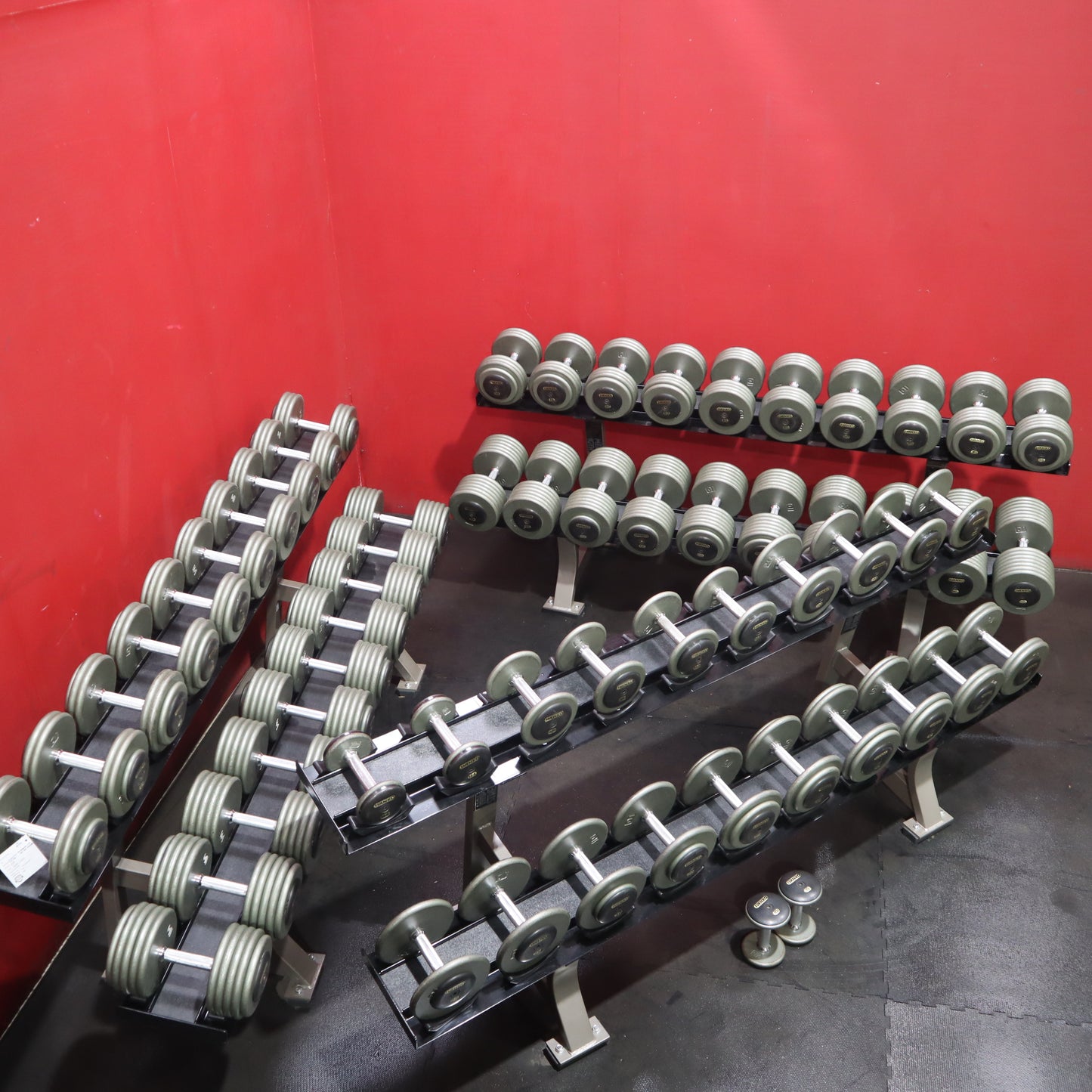 10lb - 150lb Ivanko Dumbbell Set w/ (3) Premium Hammer Strength Two Tier Dumbbell Racks *Machined Plates w/ Black Oxide End Plate* (Refurbished)