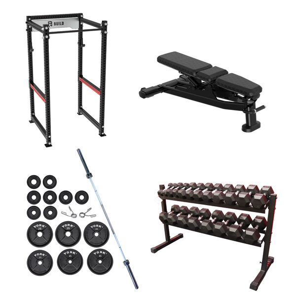 Complete Strength Training Bundle — Rack, Bench, Barbell, Plates & Dumbbells